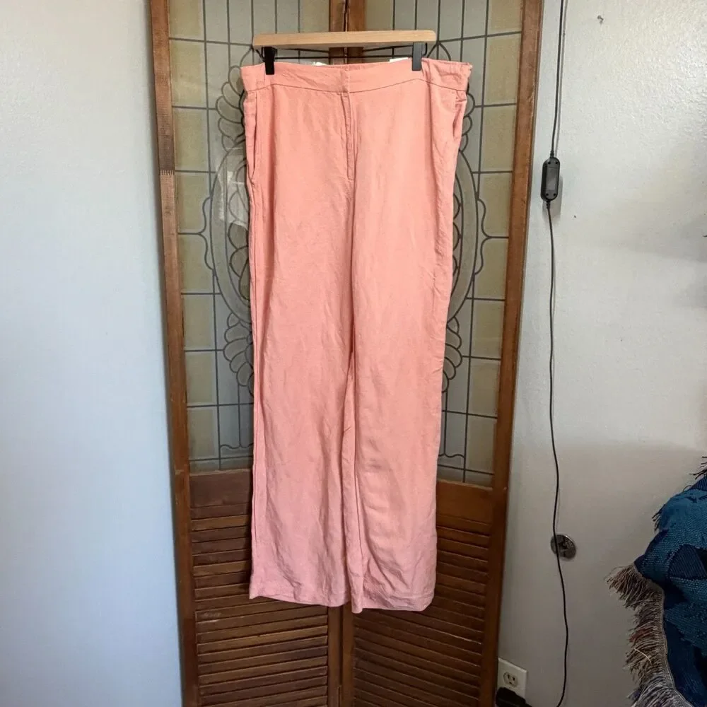 H&M Linen Blend Pink Wide Leg Coastal Preppy Vacation Ready Pants Size Plus 16